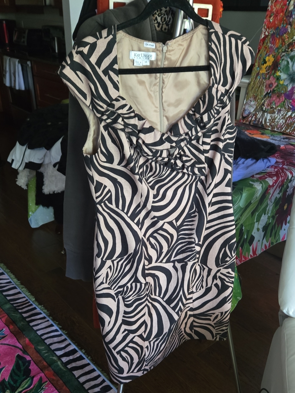 Kay Unger Black and Cream Zebra-Print Ruffle Dress